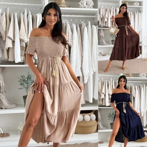 Women Off-the-Shoulder Tiered Maxi Dress Smocked Waist Bohemian Style Summer Vacation Short Sleeve Polyester Dress
