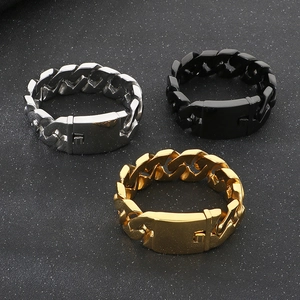 Detailed view of heavy-duty 24mm Cuban link bracelets in silver, gold, and black steel