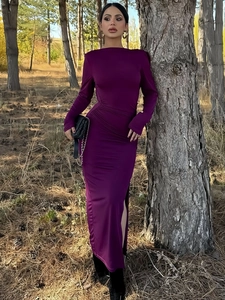 Slim fit purple long sleeve midi dress with side slit and elegant ruched waist detail