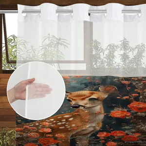 Detail of semi-transparent shower curtain with metal rings and floral deer pattern print