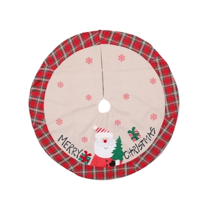 Linen Christmas tree skirt with red plaid border and Santa Claus applique decor