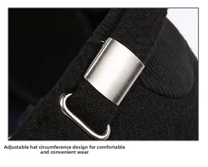 Detail of adjustable metal buckle and wool texture on black winter outdoor baseball cap