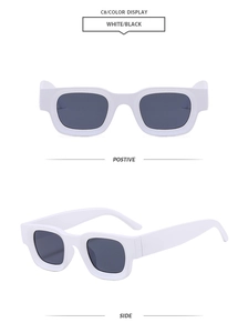 Front and side view of white rectangular retro sunglasses with dark black lenses