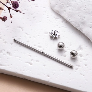 Vue détaillée du piercing d'oreille argenté avec zircon fleur et barre filetée démontée
