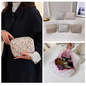 Detailed views of floral quilted makeup bags showing interior lining and various patterns