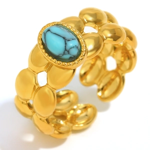 Chic 18K gold plated double-layer beaded ring with oval turquoise stone for women