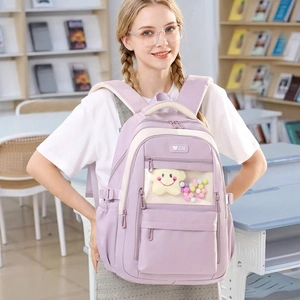 Girls School Backpack Nylon Large Capacity Waterproof Bookbag With Transparent Window And Plush Star Charm For Students