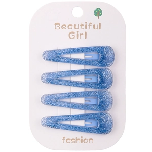 Set of 4 blue glitter acrylic hair clips for girls on a white display card