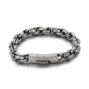 Vintage oxidized silver braided chain bracelet for men with rectangular push-pull clasp