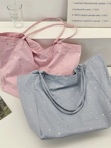 Minimalist canvas tote bags with silver star patterns in pink and grey blue colors