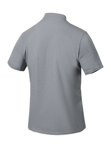 Detailed back view of men's grey polo shirt with textured waffle weave and stand collar