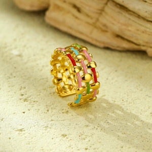 18K gold plated stainless steel woven chain ring with colorful enamel inlay accents
