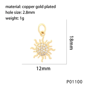 Gold plated sun pendant with white zircon micro-inlay, size 18mm by 12mm on white background