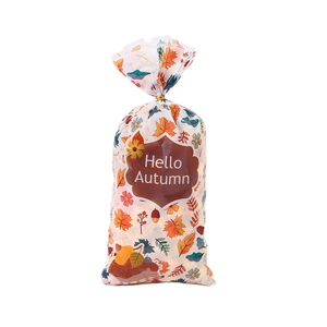 Autumn themed OPP gift bags with maple leaves and squirrels for Thanksgiving treats