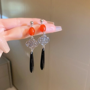 Chinese Knot Long Drop Earrings With Alloy Resin Synthetic Agate And Silver Earring Post Vintage Ethnic Style Red Black