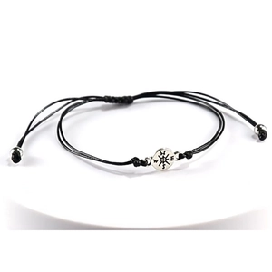 Adjustable black woven bracelet with silver compass pendant for graduation gift