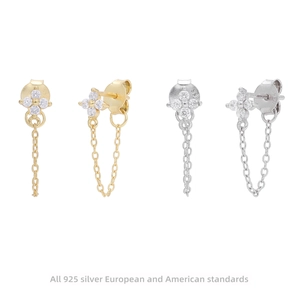 925 Sterling Silver Flower Tassel Stud Earrings Zirconia Inlaid Gold Silver Plated Elegant Dangle Jewelry For Women