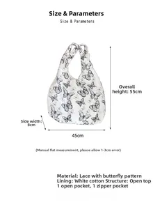 Lace tote bag with butterfly print and detailed size dimensions 55x45x8cm displayed