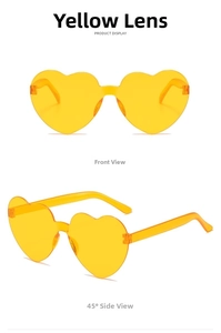 Front and 45-degree side view of yellow rimless heart-shaped sunglasses for summer style