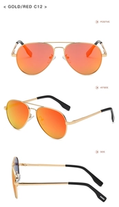 Three views of gold pilot sunglasses with red lenses showing front and side angles