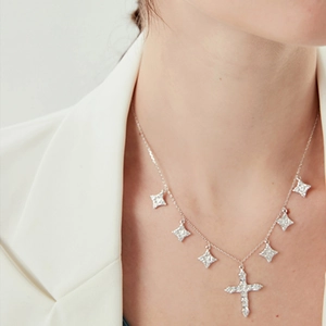 Elegant 925 sterling silver cross and star pendant necklace with zircon for women