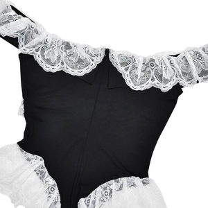 Detailed back view of black sleeveless bodysuit with delicate white lace trim accents