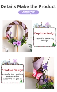 Macro detail of Christmas wreath with purple roses, silk ribbons and pink fabric butterflies
