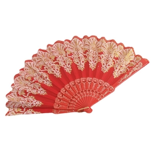 Traditional red folding fan with gold floral patterns and decorative hollowed ribs