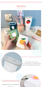 Detail of detachable desktop organizer with compartments and 3D cartoon decorations