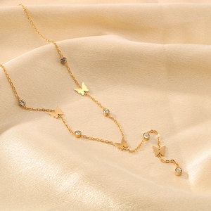 Stainless Steel Butterfly Pendant Necklace 18K Gold Plated Dainty Y-Shaped Clavicle Chain With Cubic Zirconia For Women
