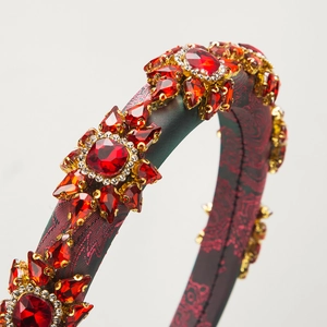 Baroque wide headband with red crystals and rhinestones on textured jacquard fabric