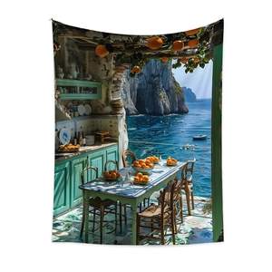 Detail of Bohemian tapestry featuring Mediterranean sea view and vibrant coastal scenery