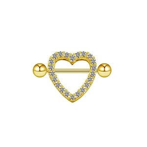 Macro shot of gold heart nipple shield with clear cubic zirconia stones on white background