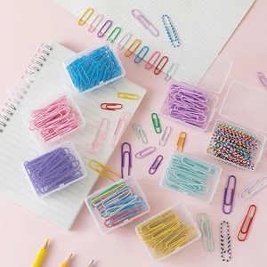 Colorful macaron metal paper clips set in a transparent box for office and school
