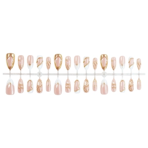 30 faux ongles amande oeil de chat avec accents dorés 3D et détails de perles
