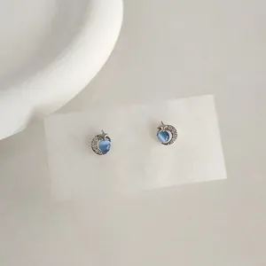 Star and moon stud earrings with blue cat eye stone and micro-pave zircons