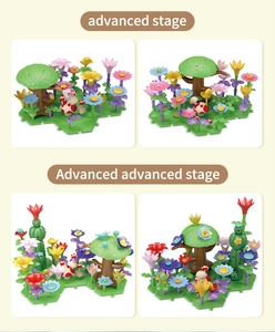 Detail showing advanced stages of creative flower garden building block assemblies