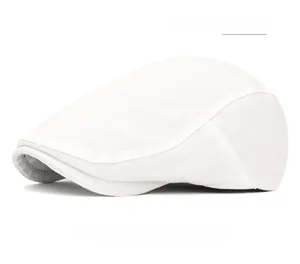 Detail of white cotton newsboy cap with neat stitching and back button closure