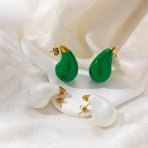 French design 18K gold stainless steel teardrop heart earrings in green and white enamel