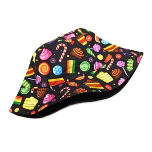 Cute black bucket hat for women with colorful candy and ice cream all-over print pattern