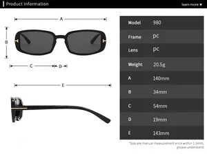 Detailed size guide for rectangular T-shape sunglasses with PC frame and temple measurements