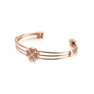 Bracciale Aperto In Acciaio Inossidabile Con Quadrifoglio Strass Incastonati Tripla Linea Regolabile Gioielli Da Donna