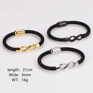 Detailed view of infinity leather bracelets in gold, silver, and black finish with magnetic clasp