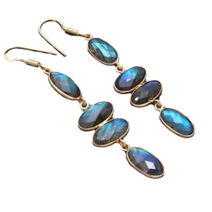 Vintage handmade golden long earrings with blue rhinestones and oval drop charms