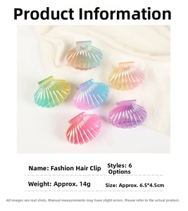 Detail view of shell-shaped hair claws with colorful macaron gradient and fan texture
