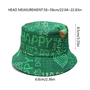 Size chart showing St. Patrick's Day bucket hat with 56-58cm head circumference specs