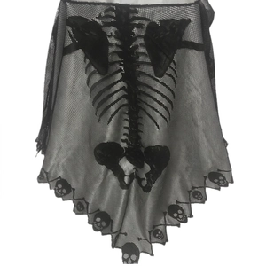 Halloween skeleton mesh shawl with white rib cage print and skull lace fringe detail