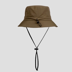 Detail of waterproof nylon sun hat with adjustable windproof drawstring and chin strap