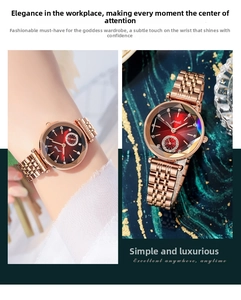 Detail of rose gold link watch with gradient red dial and faceted glass crystal