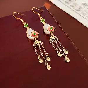 Vintage Chinese Style Gourd Lotus Tassel Dangle Earrings Alloy Glass Bead Enamel Jewelry For Women